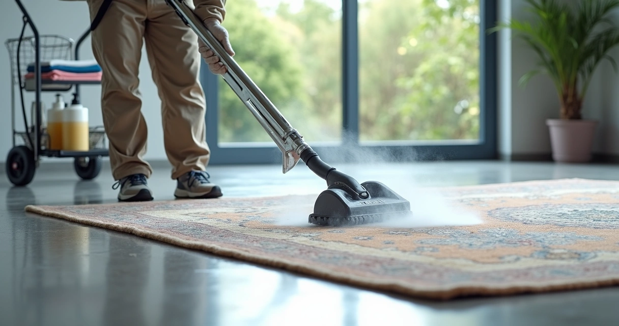 Profissional utilizando equipamento para lavar tapete grande em ambiente moderno 