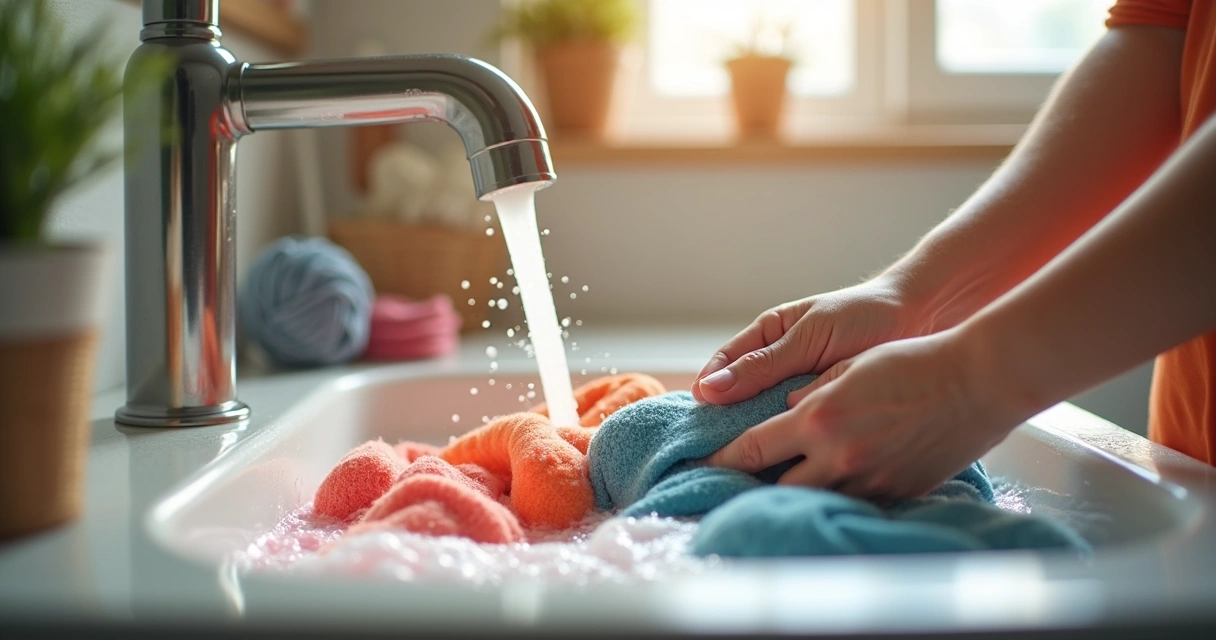 Mãos segurando roupas infantis coloridas em uma pia com espuma de sabão suave 