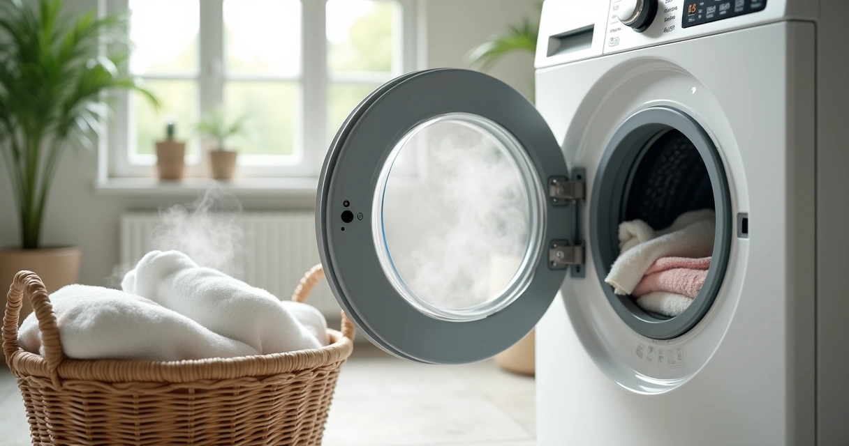 Máquina de lavar liberando vapor ao lavar roupas 