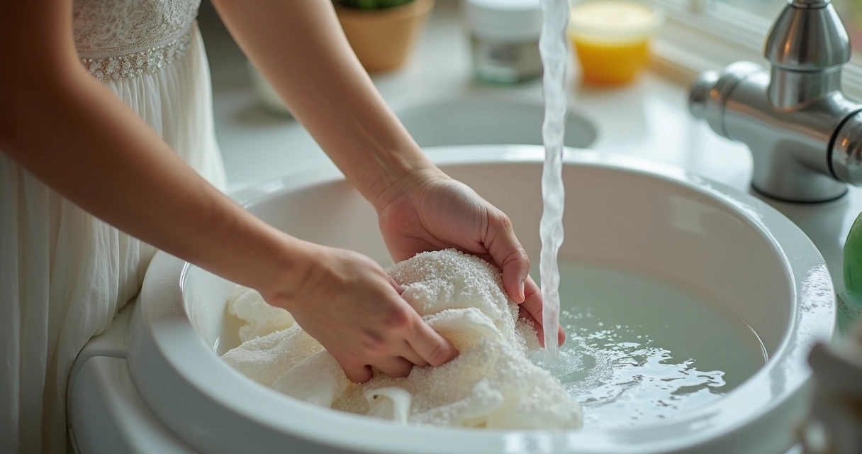 Vestido de festa delicado sendo lavado à mão, em uma bacia com água fria, mãos protegendo bordados 