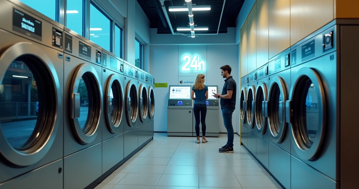 Interior moderno de lavanderia 24h de autoatendimento com cliente usando máquina de lavar 