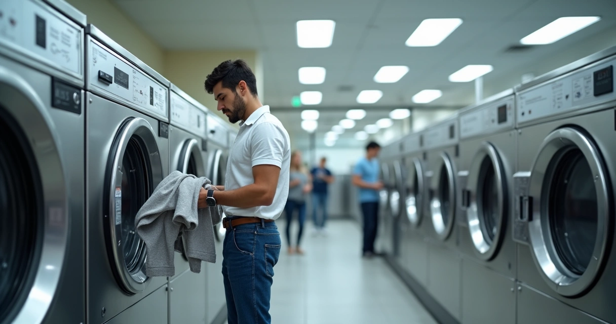 Cliente utilizando lavanderia self-service com máquinas automáticas 