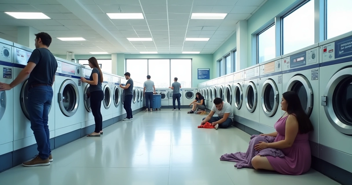 Clientes usando máquinas de lavar em lavanderia de autoatendimento 