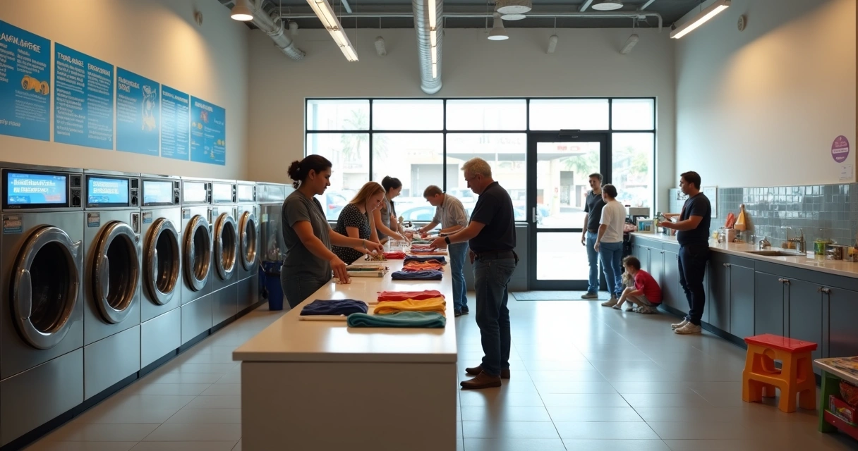 Lavanderia de autoatendimento moderna com clientes diversos usando máquinas de lavar 