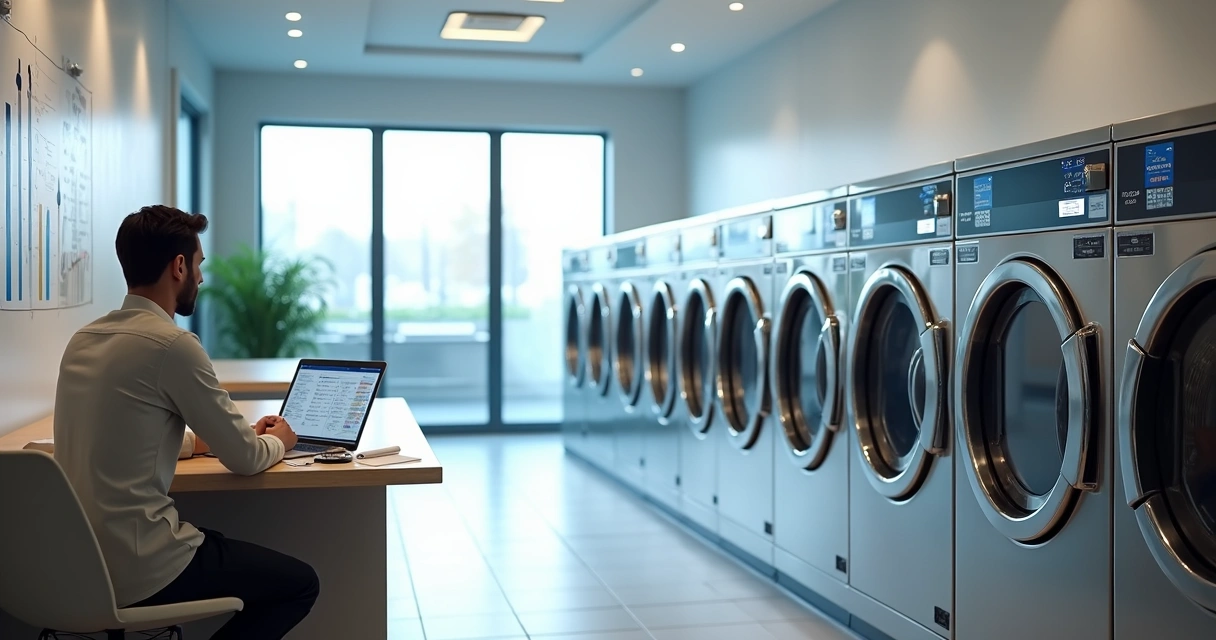 Empreendedor analisando custos em lavanderia de autoatendimento moderna 