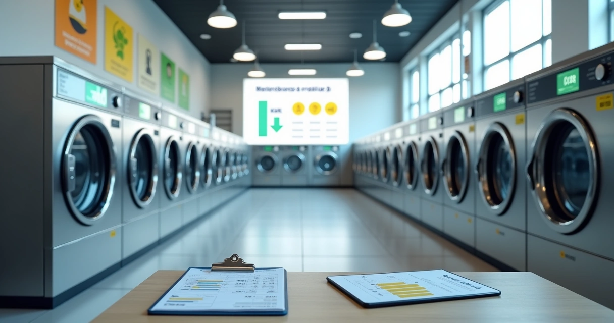 Lavanderia de autoatendimento moderna com foco em máquinas industriais e consumo de energia 