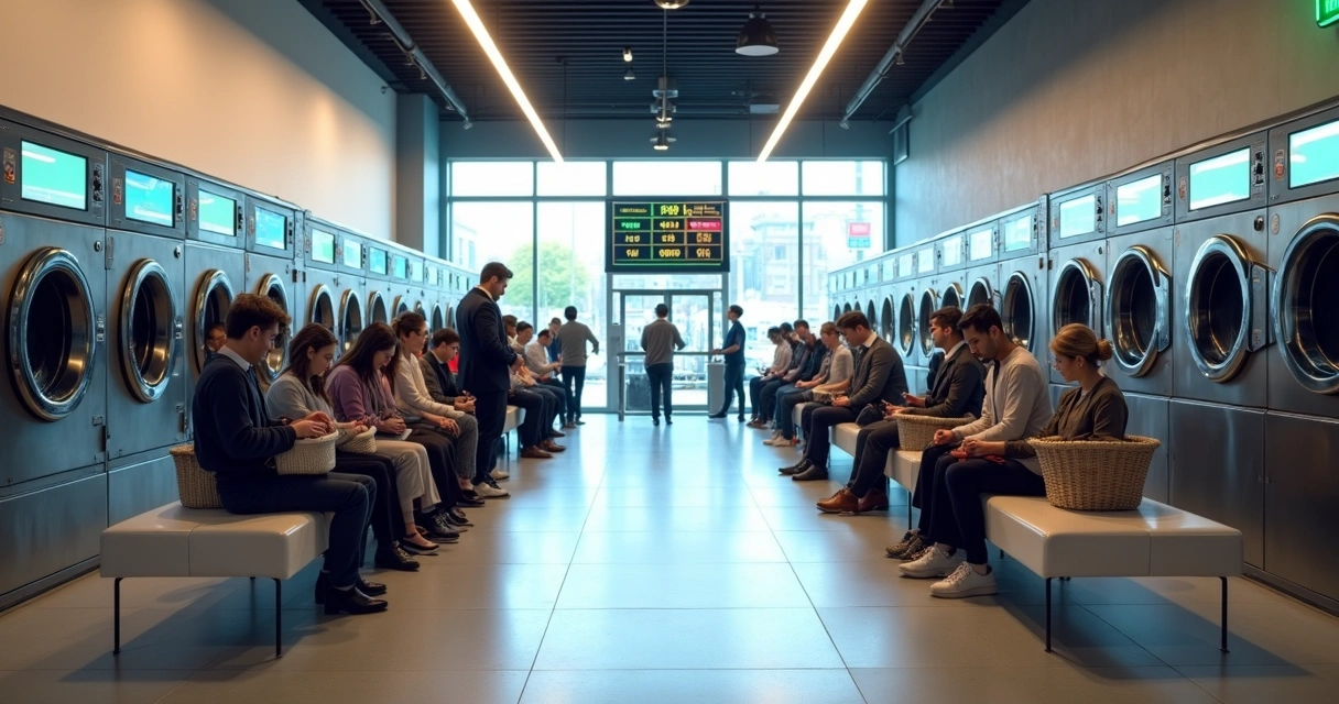 Fila organizada em lavanderia de autoatendimento moderna 