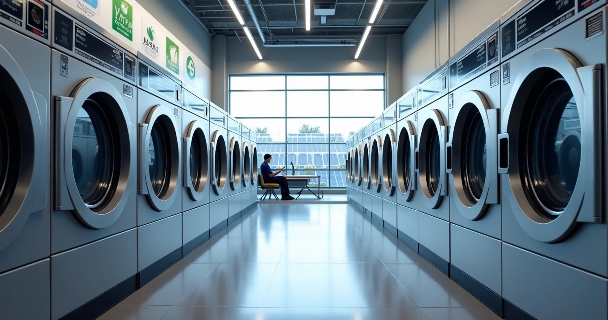 Interior de lavanderia de autoatendimento moderna com máquinas industriais Speed Queen alinhadas, ambiente limpo e iluminado com tecnologia de automação 