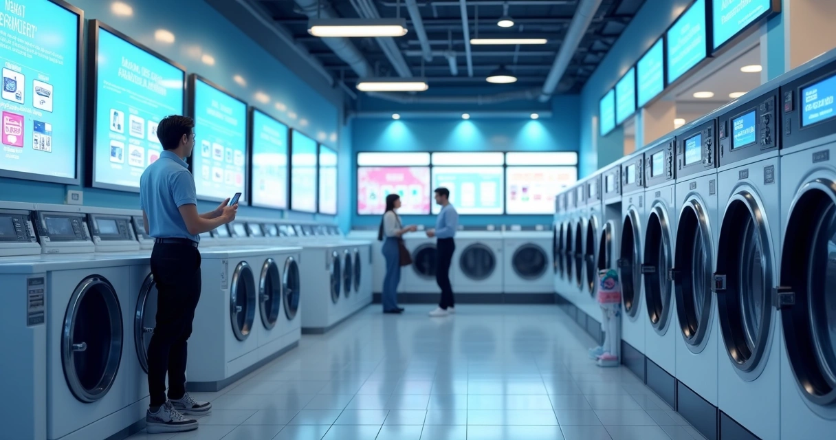 Lavanderia moderna com pagamento digital e painel eletrônico 