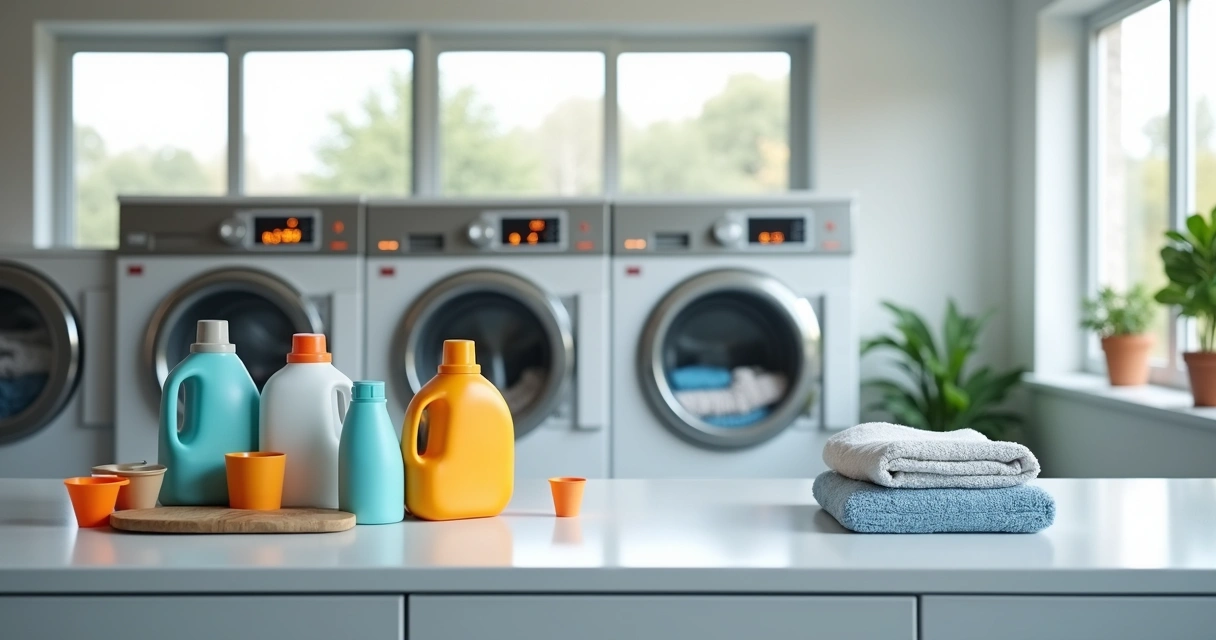 Insumos essenciais organizados em bancada de lavanderia de autoatendimento moderna e limpa 