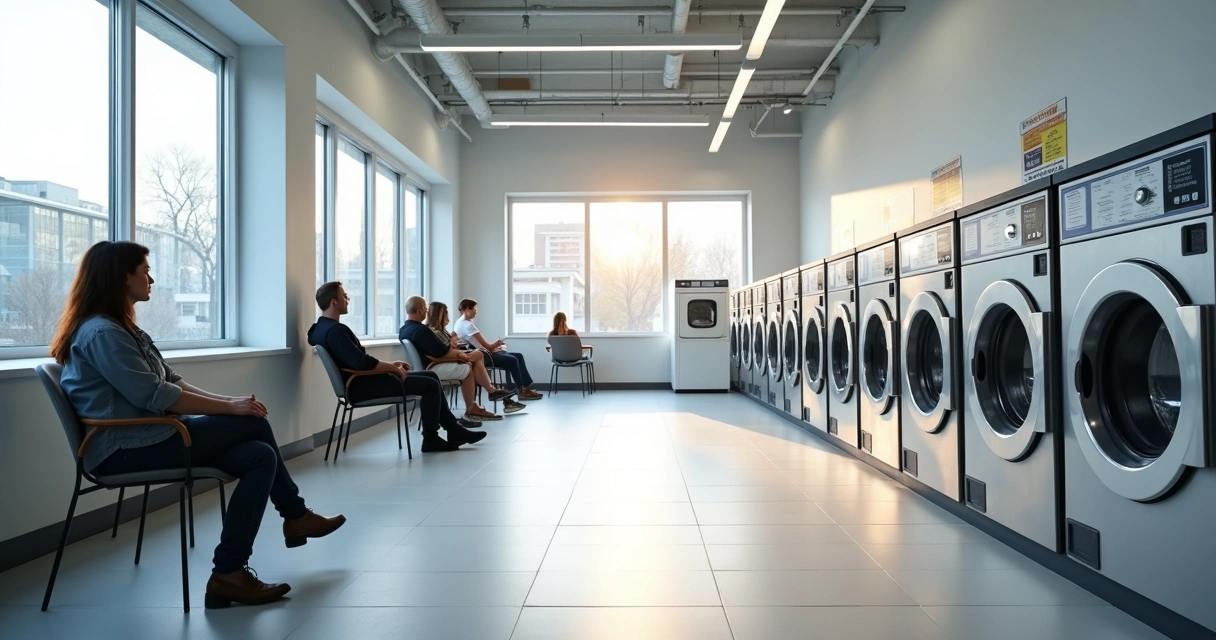 Interior moderno de lavanderia de autosserviço com máquinas de lavar e secar