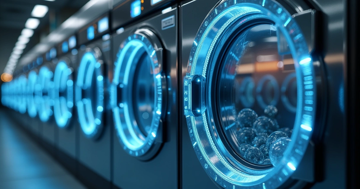 Máquinas de lavanderia self-service funcionando com luzes e painéis elétricos visíveis 