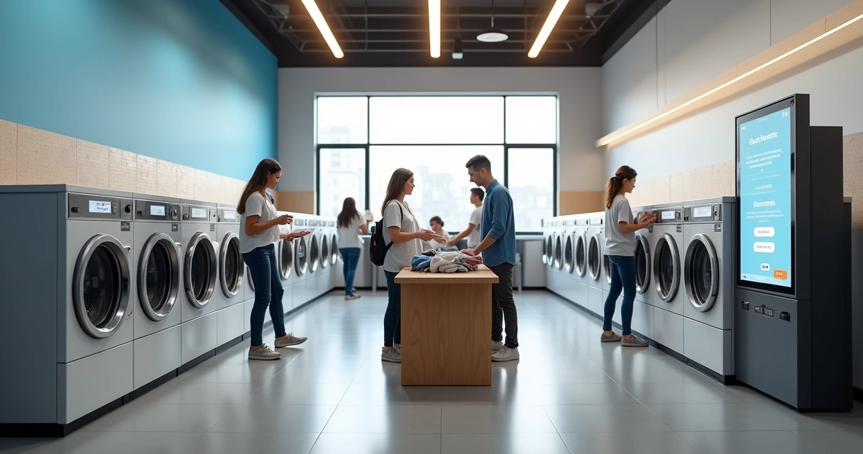 Lavanderia de autosserviço moderna com clientes usando máquinas de lavar e self checkout 