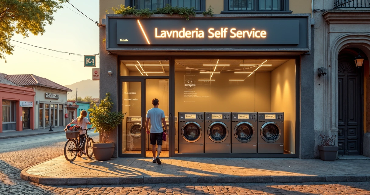 Fachada de lavanderia self service em rua de cidade pequena 