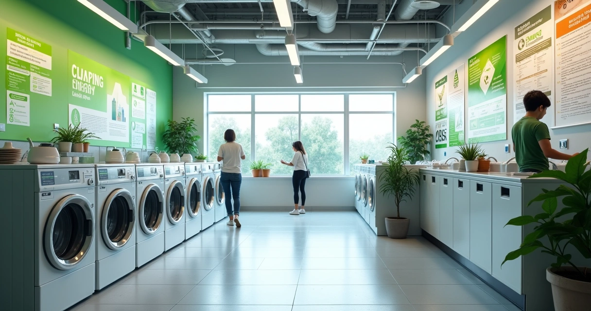 Lavanderia self-service com máquinas modernas e painéis educativos sobre reciclagem e economia de água 