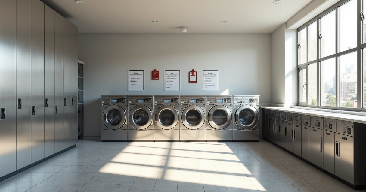 Máquinas profissionais de lavanderia instaladas em ambiente de condomínio 