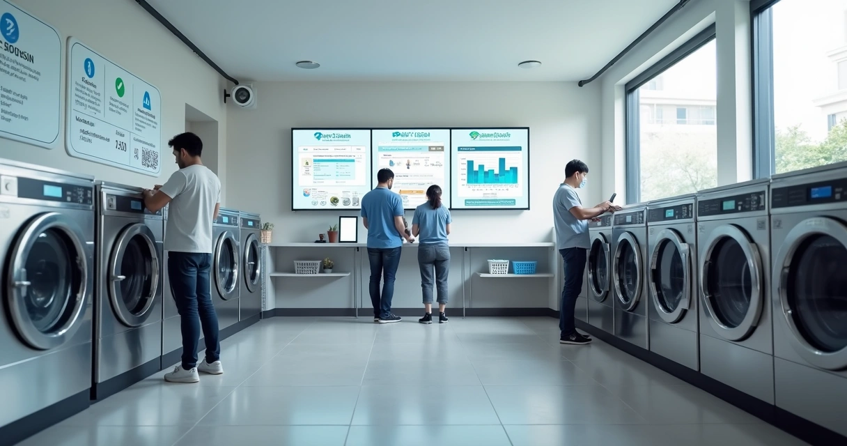 Lavanderia de condomínio moderna com moradores usando máquinas de autoatendimento 