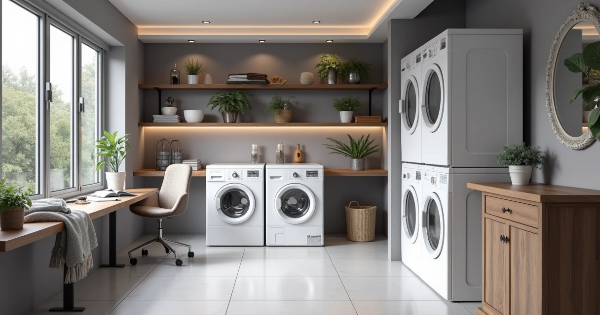 Lavanderia compartilhada moderna em condomínio com máquinas profissionais e sistema digital de agendamento 