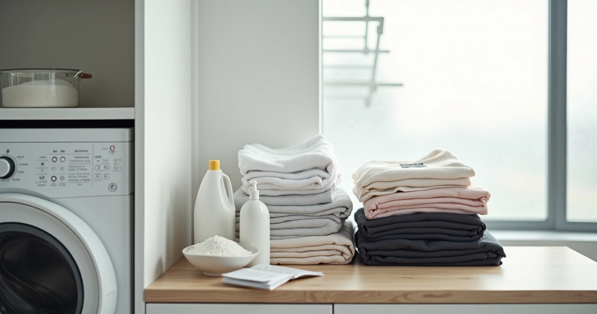 Bancada de lavanderia com roupas separadas por cor e produtos de limpeza organizados 