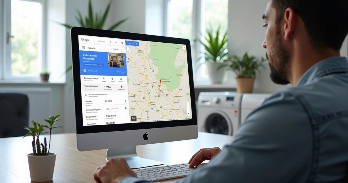Computador mostrando perfil do Google Meu Negócio com lavanderia no mapa e avaliações de clientes 