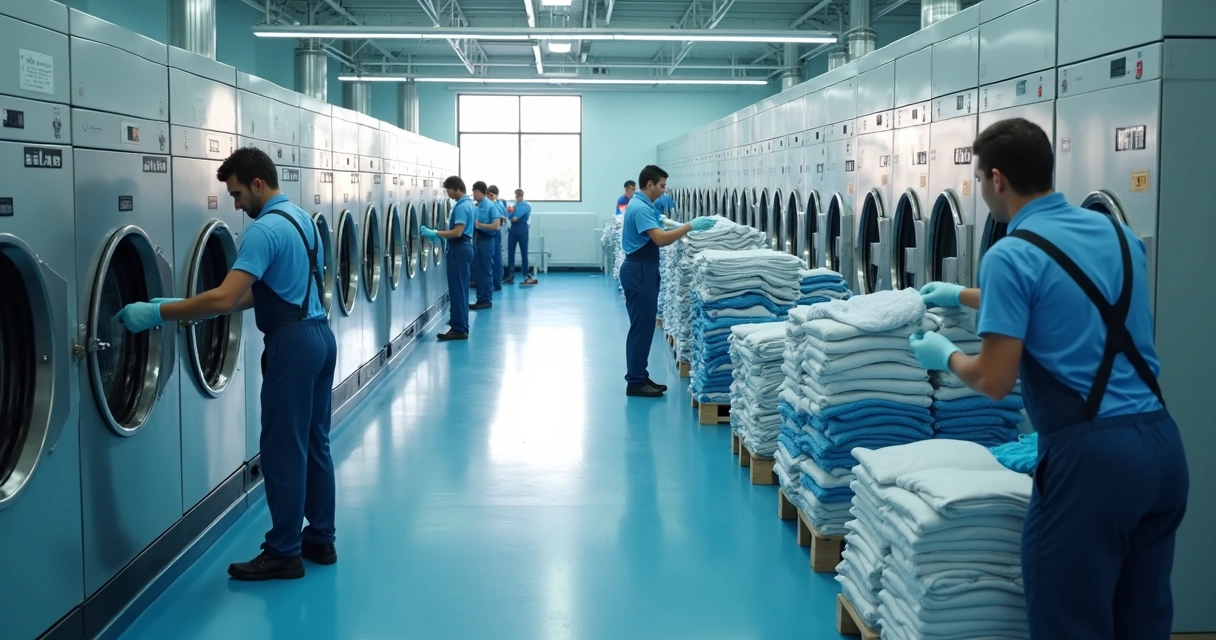 Visão ampla do interior de uma lavanderia industrial, funcionários operando máquinas grandes 