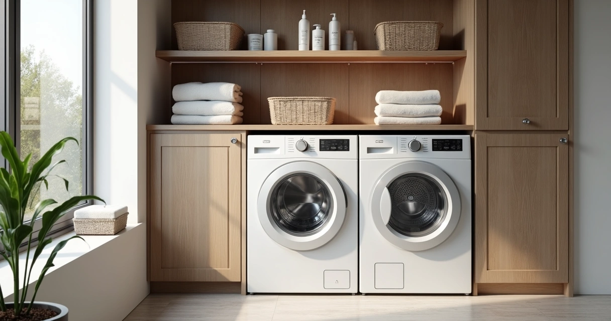 Máquina de lavar e armário organizados com produtos premium