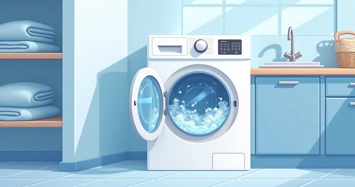 Máquina de lavar em funcionamento, com água fria visível no tambor 