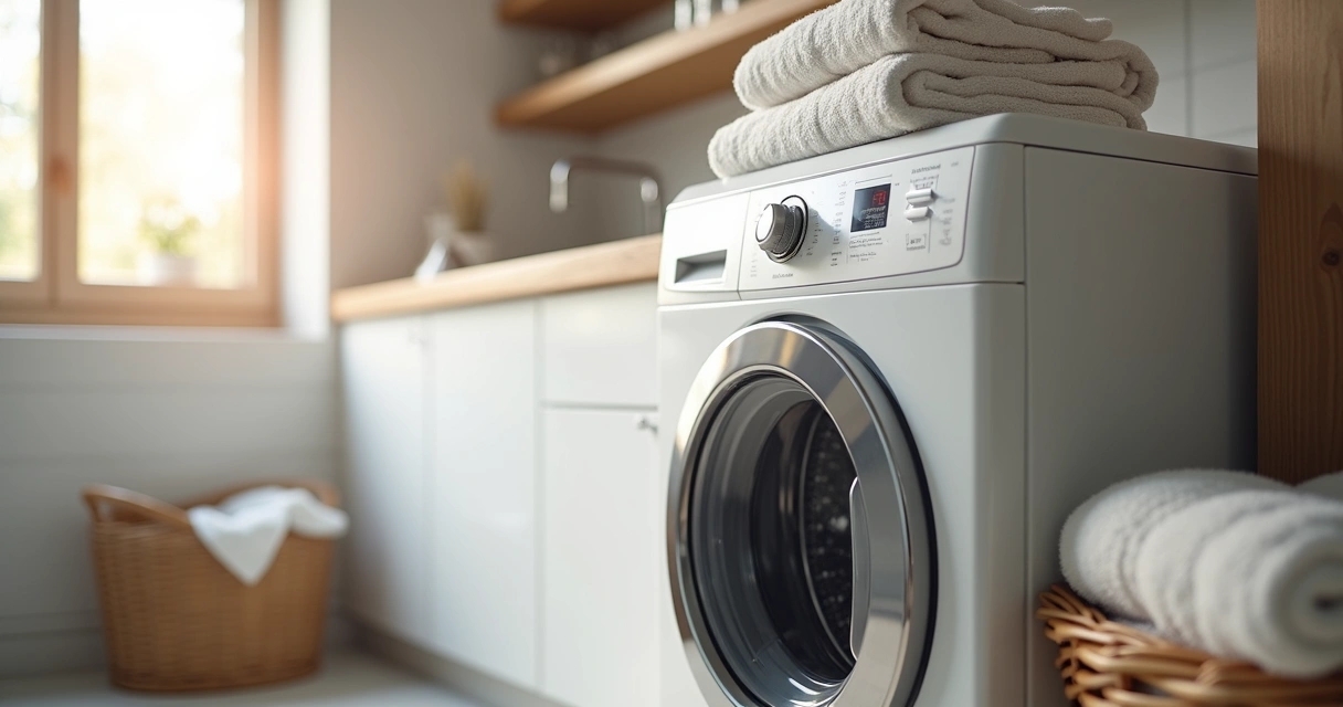 Máquina de lavar roupa moderna em lavanderia bem iluminada 