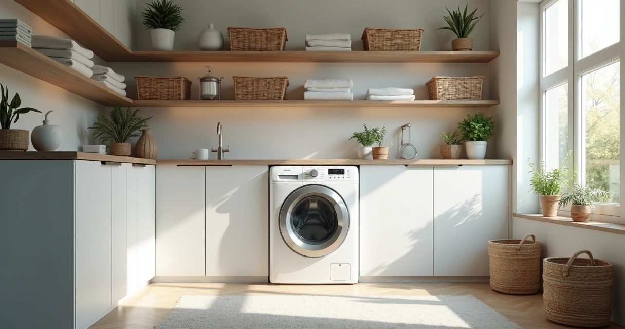 Lavanderia moderna com máquina de lavar inverter e decoração clean 