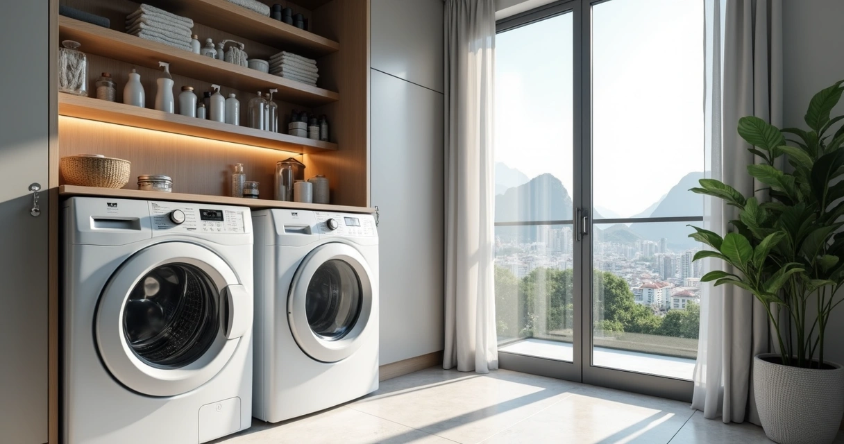 Lavanderia organizada com lavadora, armários e vista para cidade 