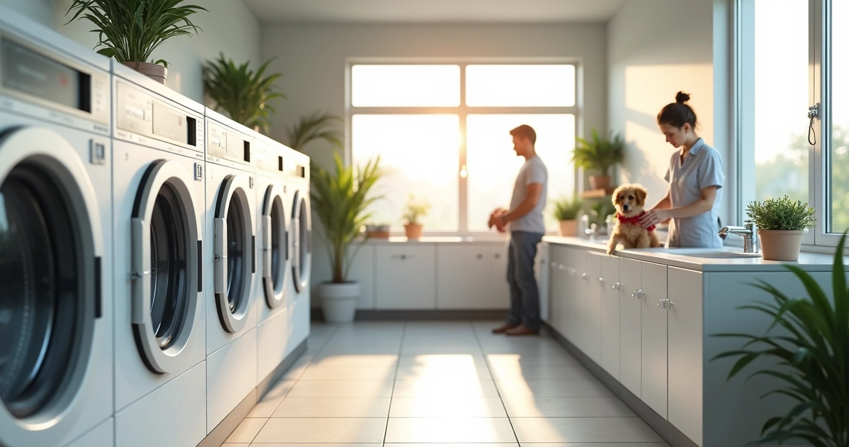 Área de lavanderia pet com equipamentos para banho e tosa, animais em ambiente limpo e profissional 