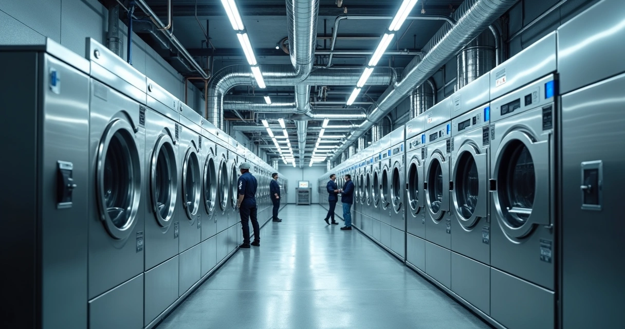 Lavanderia industrial moderna com tanques, tubulações e painel de controle próximo ao poço artesiano 