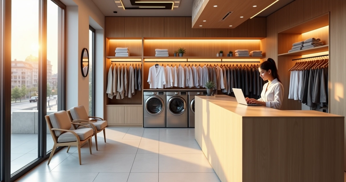 Recepção de lavanderia premium com roupas alinhadas e atendente organizando pedidos 