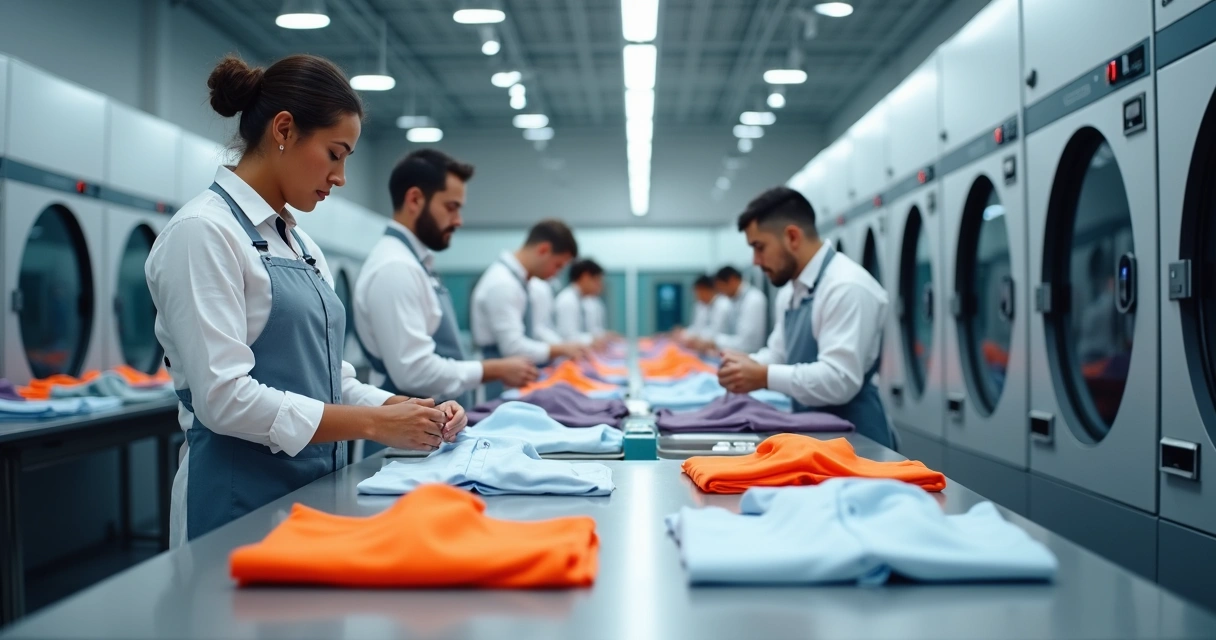 Profissionais realizando triagem de roupas em uma lavanderia