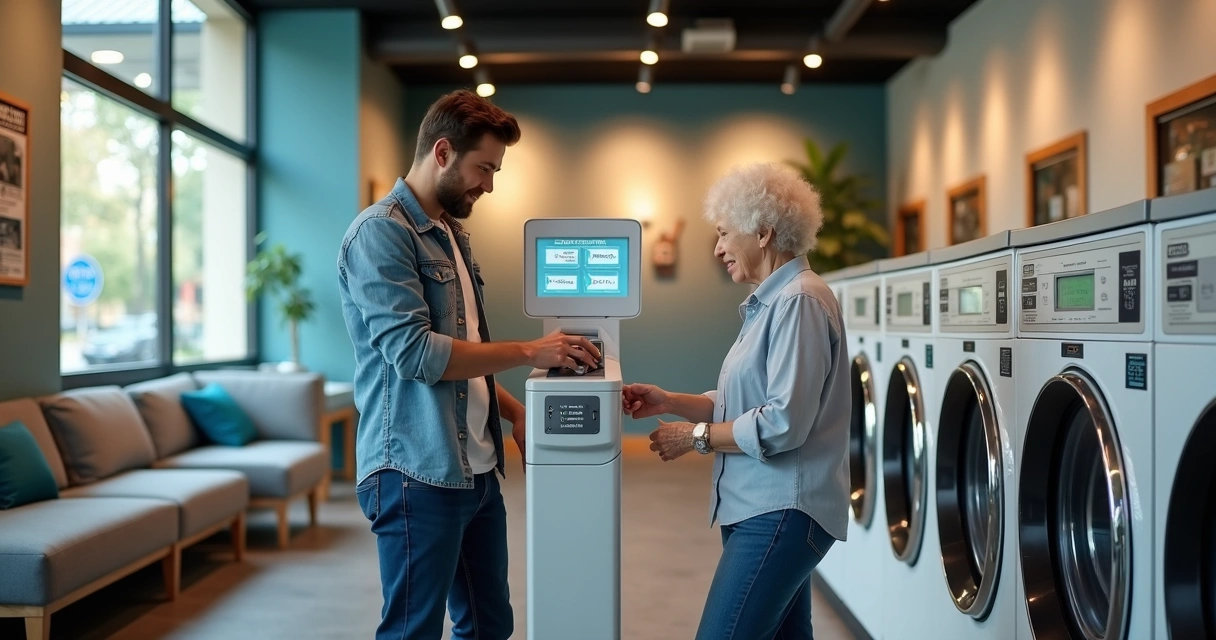Pessoa utilizando totem em lavanderia self-service 