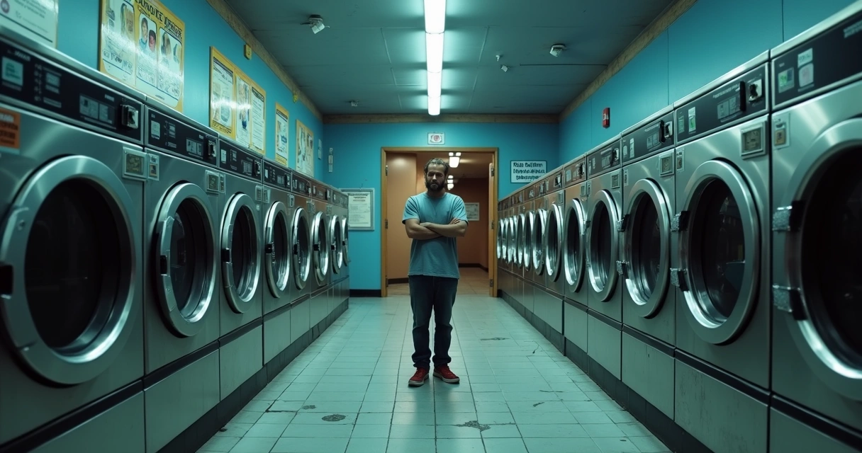 Lavanderia self service quase vazia com um cliente insatisfeito observando o ambiente 