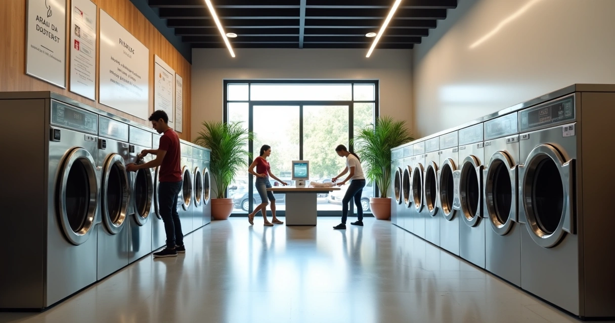 Lavanderia self-service moderna com clientes usando máquinas de autosserviço 