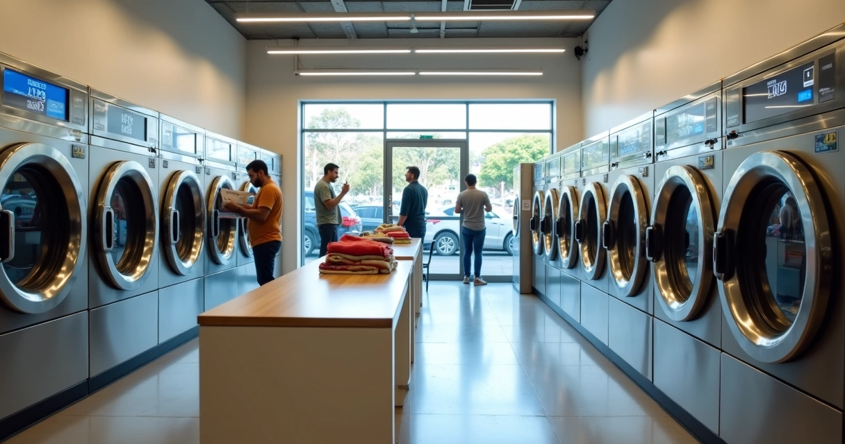 Lavanderia self-service moderna com clientes usando máquinas de lavar e secar 