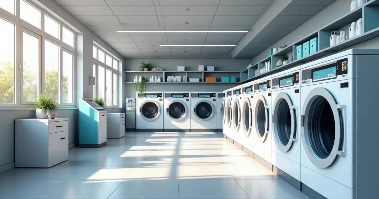 Lavanderia self-service moderna com máquinas automáticas e painel digital 
