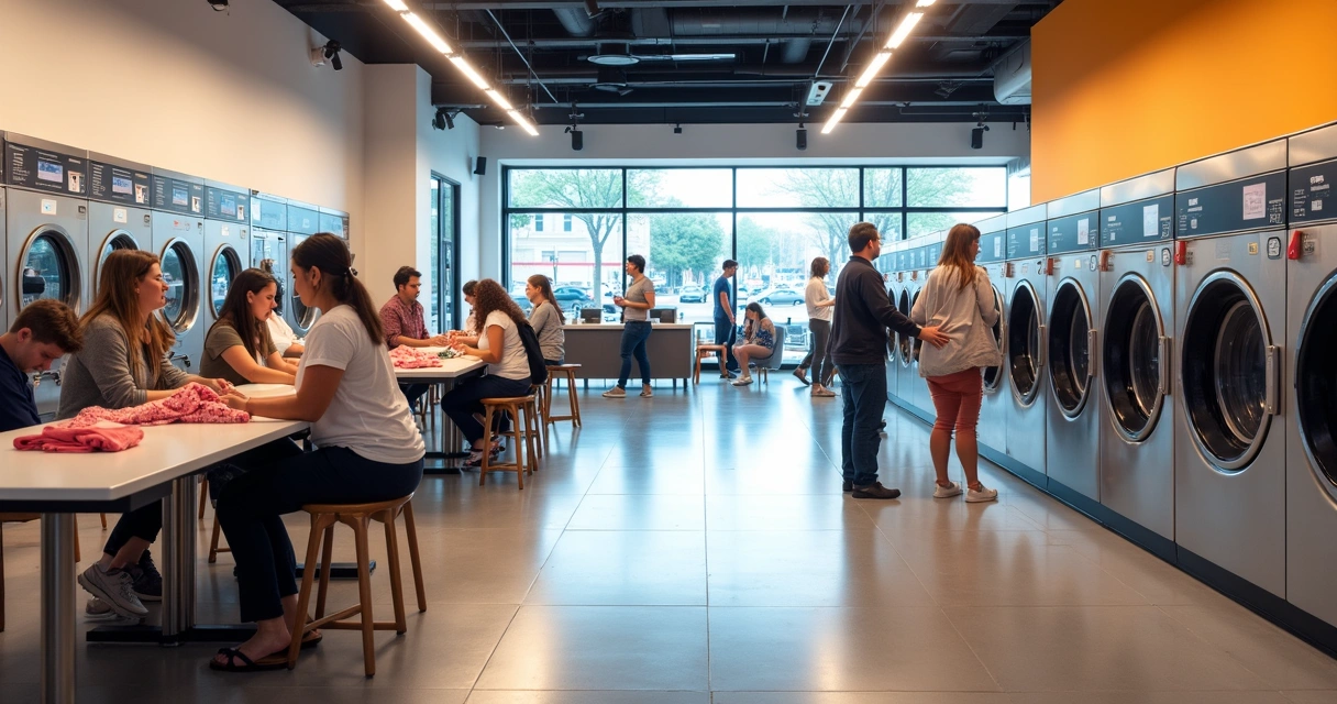 Clientes usando lavanderia self-service moderna e movimentada 