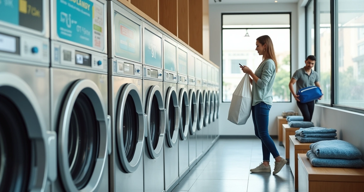 Cliente ocupada usando lavanderia self-service moderna enquanto mexe no celular 