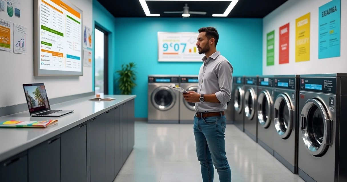 Dono de lavanderia self-service analisando planilha de preços em frente às máquinas de lavar 