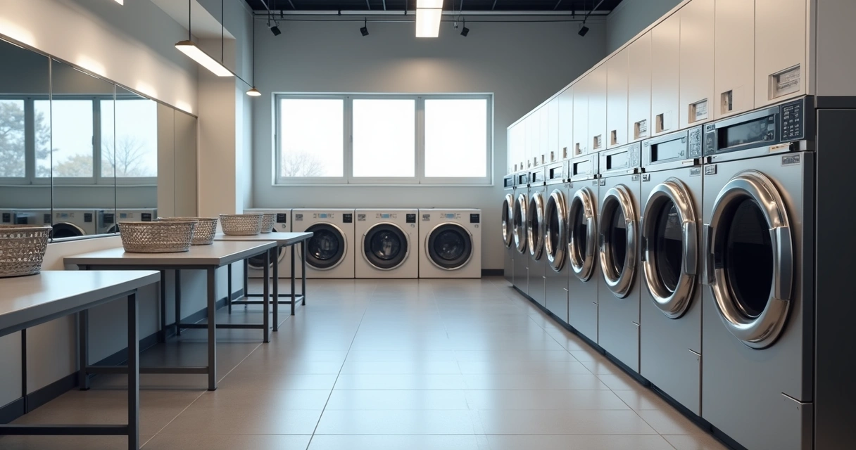 Lavanderia self-service moderna com várias máquinas Speed Queen alinhadas, ambiente iluminado e organizado, mostra a área de atendimento ao cliente e bancadas para dobra de roupas 