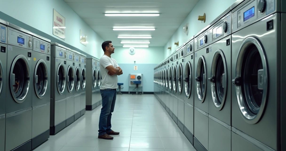Lavanderia self service quase vazia com cliente olhando para máquinas de lavar 