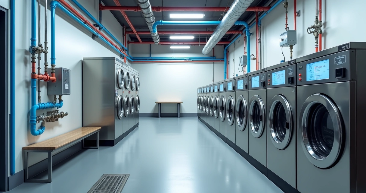 Sistema hidráulico aparente em lavanderia de autoatendimento com tubulações e máquinas de lavar industriais 