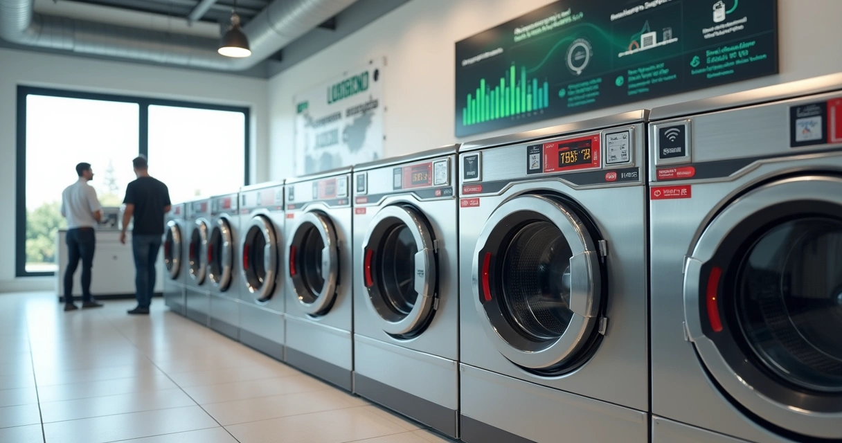 Lavanderia de autoatendimento moderna com equipamentos Speed Queen Stax-X empilhados 