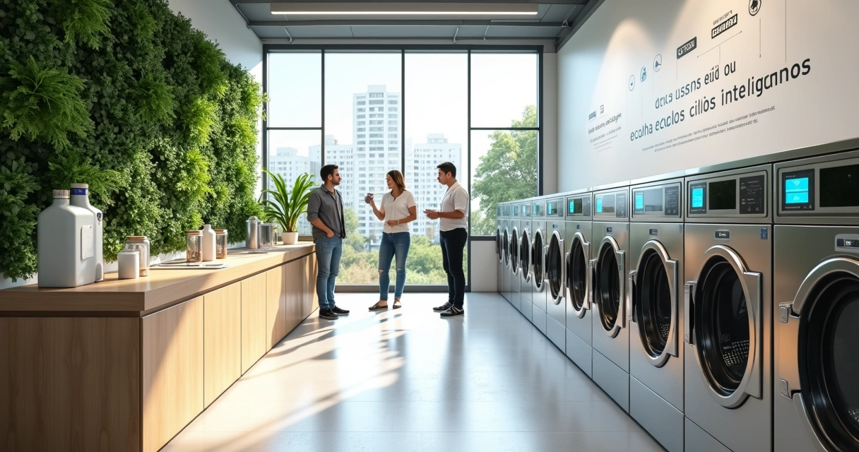 Lavanderia de autoatendimento sustentável com parede verde e ícones de economia de água 
