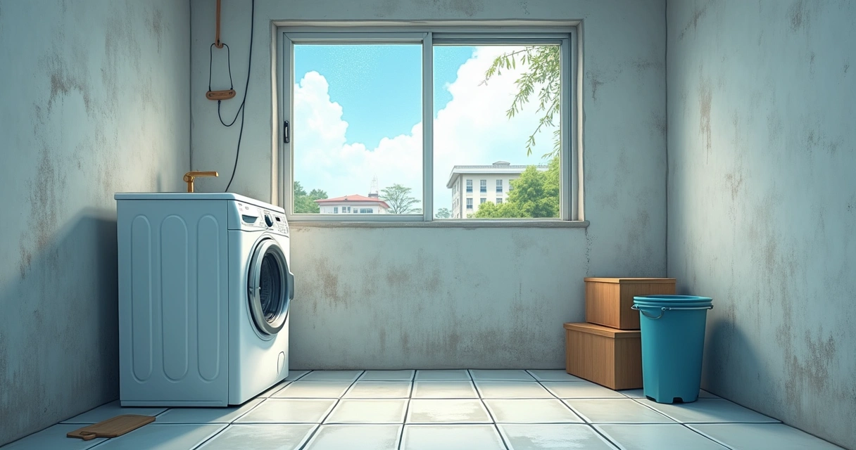 Lavanderia com máquina de lavar em ambiente úmido, janela com gotas 