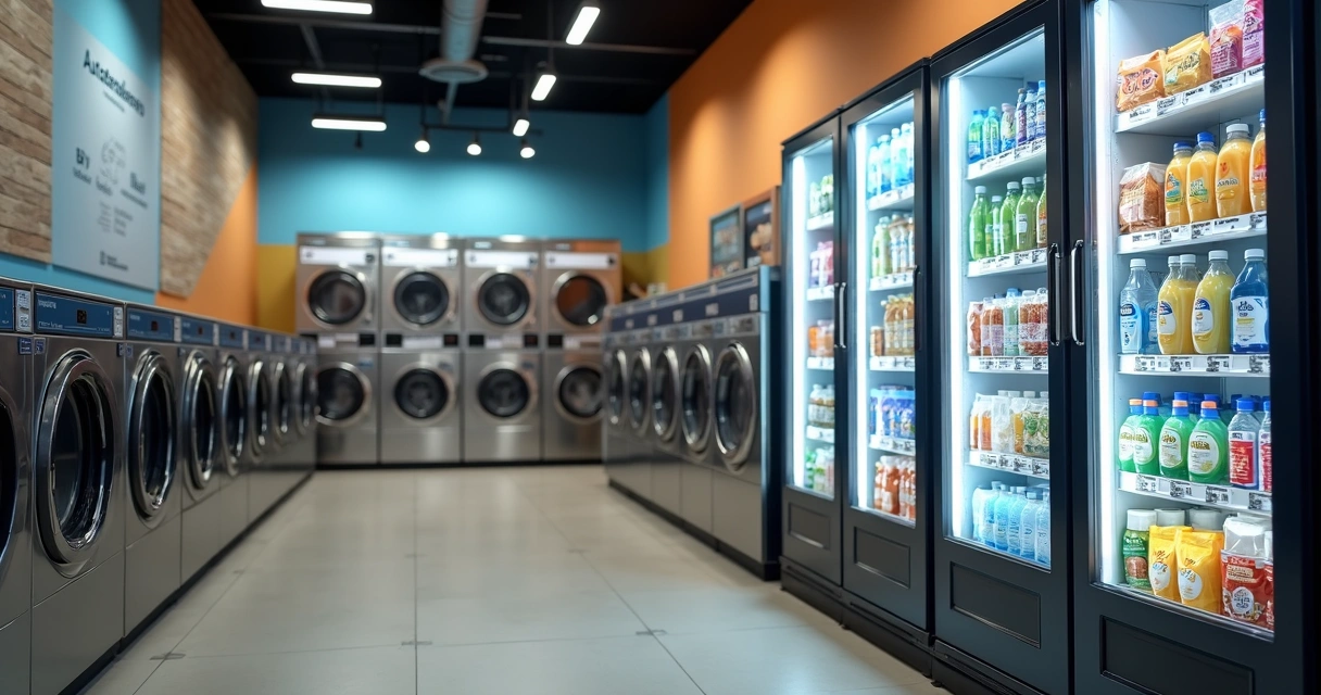 Vending machine moderna ao lado de lavadoras de autoatendimento em lavanderia brasileira 