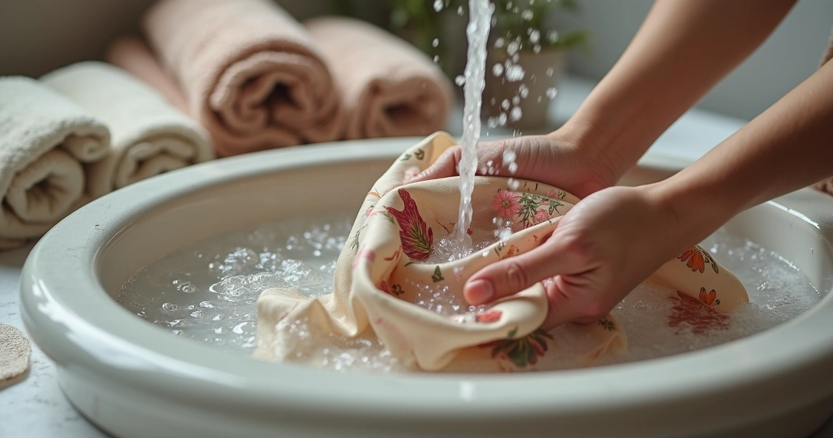 Roupas delicadas sendo lavadas manualmente em lavatório 